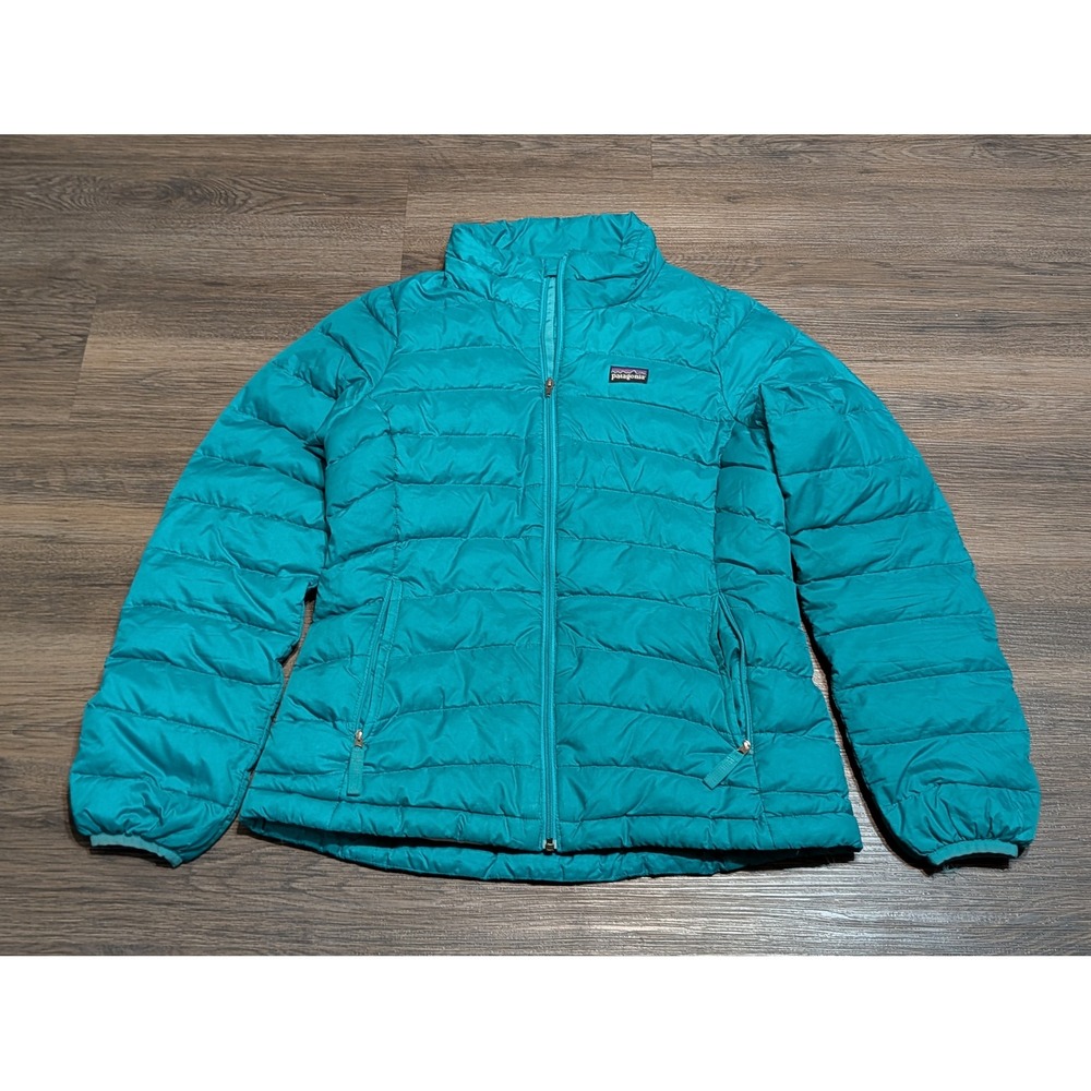 Patagonia Girls Large 12 Teal Blue Down Sweater Puffer Jacket 68231 Full Zip